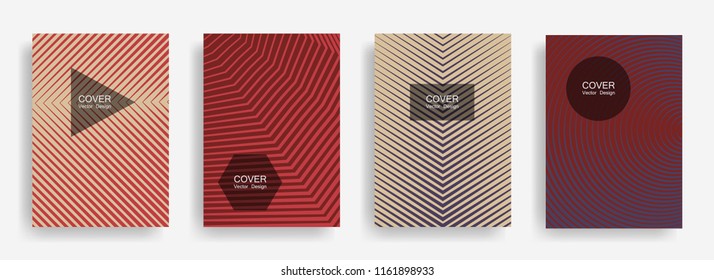 Halftone vector report template with lines, triangle circle hexagon title places. Vector journal design geometric shape background set. Retro halftone lines hipster annual reports collection.