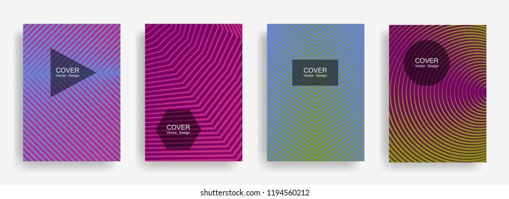 Halftone vector report template with lines, triangle circle hexagon title places. Vector journal design geometric shape background set. Tech halftone lines hipster templates set.