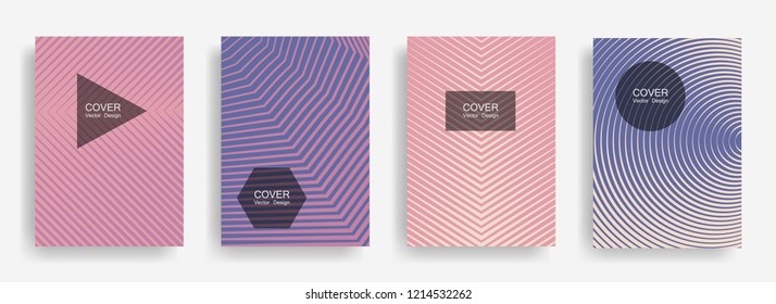 Halftone vector report template with lines, triangle circle hexagon title places. Vector journal design geometric shape background set. Futuristic halftone lines hipster advert flyers collection.