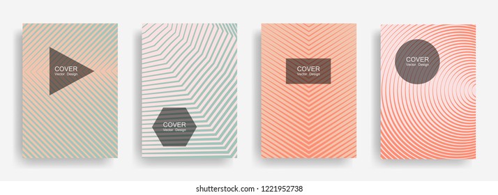 Halftone vector report template with lines, triangle circle hexagon title places. Vector journal design geometric shape background set. Corporate halftone lines hipster advertising flyers set.
