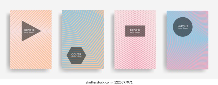 Halftone vector report template with lines, triangle circle hexagon title places. Vector journal design geometric shape background set. Tech halftone lines hipster covers abstract collection.