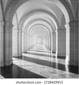 Vector semitono de una serie de arcos arquitectónicos o un pasillo, perfecto para temas históricos, estudios de perspectiva y diseño de interiores. Ideal para gráficos de museos, promociones de sitios patrimoniales y contenido de arquitectura clásica.
