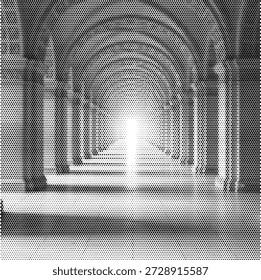 Halftone vector of a series of architectural arches, perfect for historical perspective studies, hallway designs, and interior architecture.