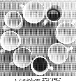 Halbtonvektor, der in einem Kreis angeordnete Kaffeetassen zeigt, die soziale Kaffeepausen, Kaffeekultur und Morgenenergie symbolisieren. Ideal für die Markendarstellung in Coffee Shops, für Teammeetings und für Inhalte zur Unternehmenskultur.