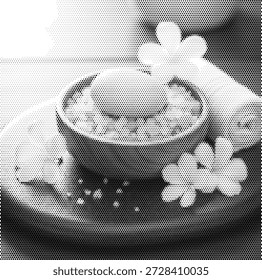 Vector semitono de un cuenco de spa con flores y piedras flotantes, ideal para masajes, marcas de salón de belleza y conceptos de relajación.