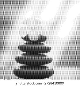 Halftone vector of stacked spa stones with a flower on top, ideal for massage clinics, aromatherapy, and professional spa branding.