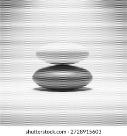 Halftone vector of stacked zen stones, representing spiritual balance, mental wellness, spa relaxation, and nature harmony.