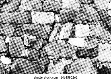 Halftone vector stone wall texture overlay. Monochrome abstract splattered background.