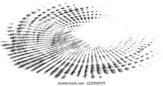 Halftone Vektorwirbel aus Polka-Punkten, Perlen, Perlen, Punkten und Strichen. Eine wirbelnde Skizze mit Kopienraum für Text.
