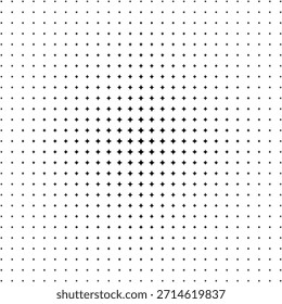 Halftone vector template of black stars gradually decreasing from the center to the edge. Lattice gradient transition. Particles breaking radially.
