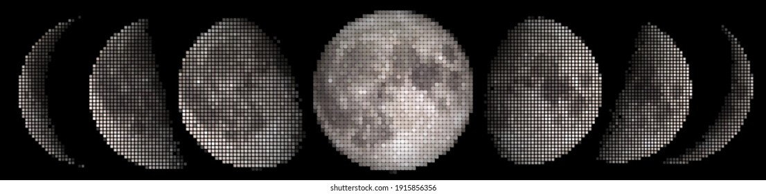 Halftone vector tiles phases of the Moon waxing crescent, first quarter, waxing gibbous, full moon, waning gibbous, third guarter, waning crescent, new moon. Elements of this image furnished by NASA.