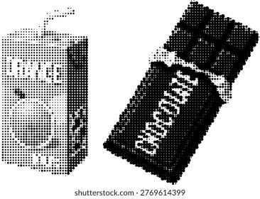 Halftone vector transparent png grunge juice box and chocolate bar with lid in trendy dotted abstract style