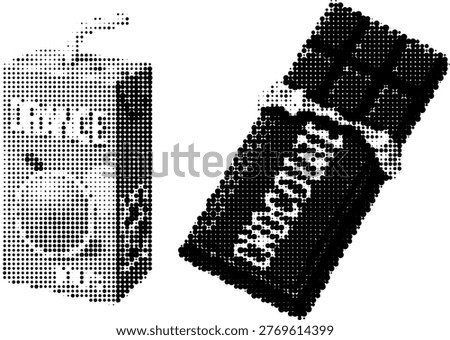 Halftone vector transparent png grunge juice box and chocolate bar with lid in trendy dotted abstract style
