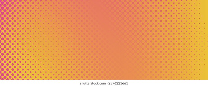 Halftone vibrant orange and pink background with a gradient and dotted texture. The background features orange and pink hues with a retro style. Minimal halftone vector gradient background