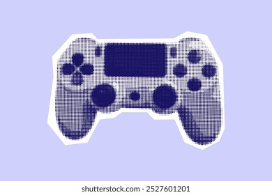 Halftone video game console sticker in retro style. Vintage playing controller, gaming dotted element for collage design. Vector