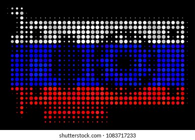 Halftone Video Gpu Card pictogram colored in Russian official flag colors on a dark background. Vector collage of video GPU card icon designed of spheric spots.