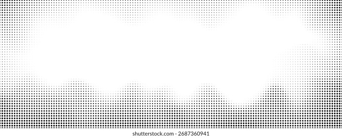 Halftone vignette background. Abstract monochrome patterns with comic-style dots, noise texture and vintage gradient. Retro pop art border, smooth curves for graphic layouts and superhero book vector