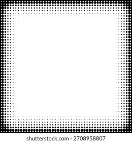 Marco cuadrado de viñeta de semitono con borde de punto pixelado que se desvanece al centro blanco. Fondo de degradado digital retro con efecto cómico vintage. Ilustración vectorial monocromática Abstractas.