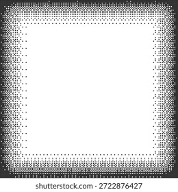 Vierkantrahmen mit Halbtonvignette, mit pixeliertem Punktrahmen, der in die weiße Mitte verblasst. Retro digitaler Farbverlauf-Hintergrund mit Vintage-Comic-Effekt. Abstrakte monochrome Vektorgrafik.