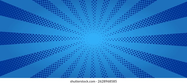 Halftone vintage or retro sunburst. Blue ay stripes
