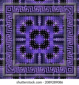 Halftone violet mural seamless pattern. Greek square frame. Borders. Textured moire vector background. Repeat half tone colorful backdrop. Abstract modern elegant ornaments. Greek key meanders frame.