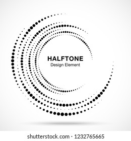 
Halftone vortex circle frame dots logo isolated on white background. Circular swirl design element for treatment, technology. Incomplete round border Icon using halftone circle dots texture. Vector