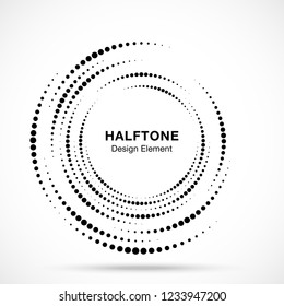 
Halftone vortex circle frame dots logo isolated on white background. Circular swirl design element for treatment, technology. Incomplete round border Icon using halftone circle dots texture. Vector