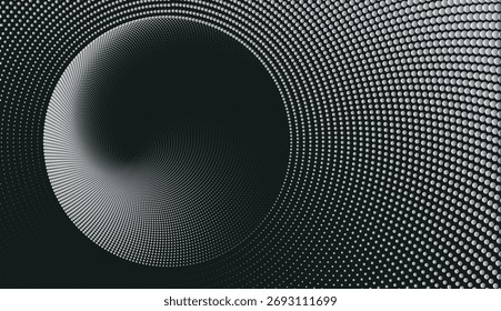 Halftone vortex tunnel, flowing dots particles wave pattern, monochrome spiral field, abstract geometric stipple vector illustration design.