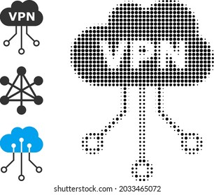 Halftone VPN cloud. Dotted VPN cloud designed with small round points. Vector illustration of VPN cloud icon on a white background. Halftone array contains round elements.