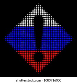 Halftone Warning icon colored in Russian state flag colors on a dark background. Vector collage of warning icon constructed from round spots. Designed for political and Russian patriotic applications.