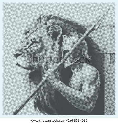 Halftone warrior holding spear confronting lion confrontation strength.