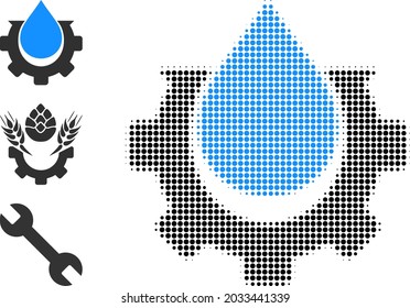 Halftone water production. Dotted water production made with small round pixels. Vector illustration of water production icon on a white background. Halftone pattern contains round elements.