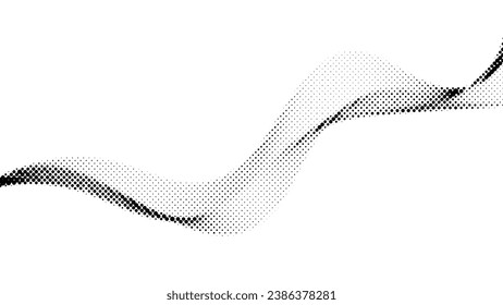Halftone wave background. Dotted flowing shape wallpaper. Abstract wavy fluid texture. Black white curved liquid line element for poster, banner, cover, print, card, brochure. Vector subtle backdrop