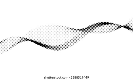 Fondo de onda de semitono. Papel de la pared con forma de flujo con puntos. Resumen de textura de fondo de fluido ondulado. Elemento de línea líquida curvada de color blanco negro para afiche, pancarta, cubierta, impresión, tarjeta, folleto, volante. Vector