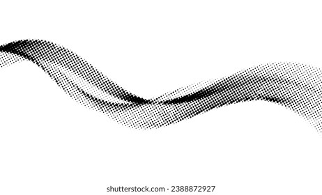 Halftone wave background. Dotted flowing shape wallpaper. Abstract wavy fluid backdrop texture. Black white curved liquid line element for poster, banner, print, card, brochure, flyer, leaflet. Vector