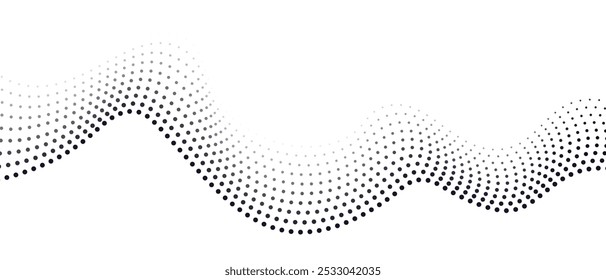 Halftone wave with dots. Gradient dark-light wave with dots isolated on white background. Banner. Poster. Logo. Sound wave. Design element.
