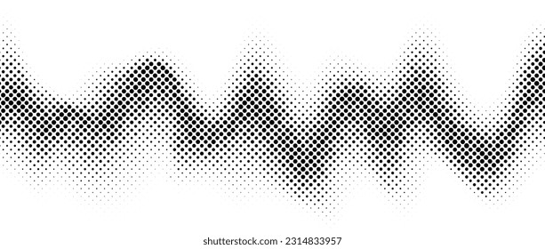 Halftone wave gradient texture. Faded noise grain wallpaper. Black and white grunge grit surface. Pixelated dotted sand background. Vector messy overlay backdrop