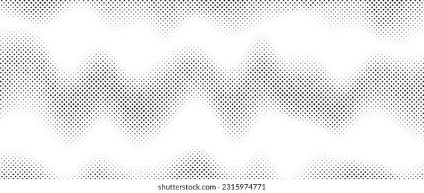 Textura de gradiente de ondas semitonas. Papel tapiz de grano de ruido. Superficie gruesa negra y blanca. Hemorragias, puntos y partículas pixeladas. Fondo de superposición ondulado del vector