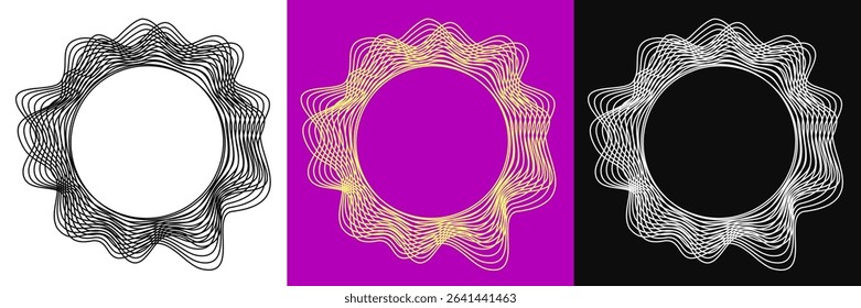 Halftone wave lines in circle frame. Modern abstract shapes. Waves in circle square frame. Spiral black form on black and white background - vector for stock