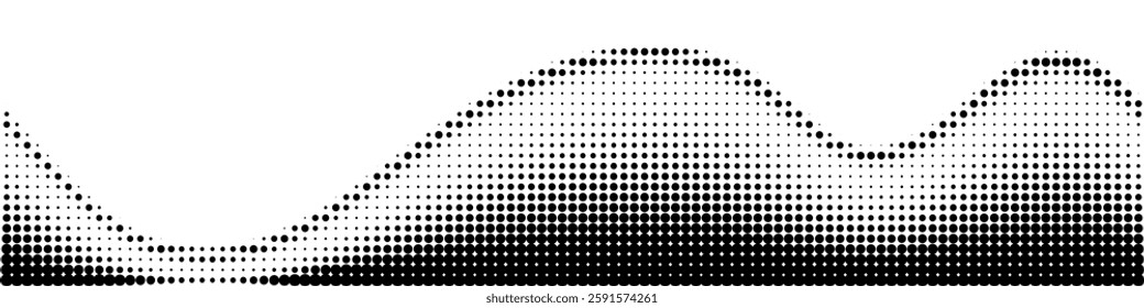 Halftone wave swirl border, dot pattern curve. Monochrome gradient point texture, black circles wave on white background. Isolated design element, vector illustration