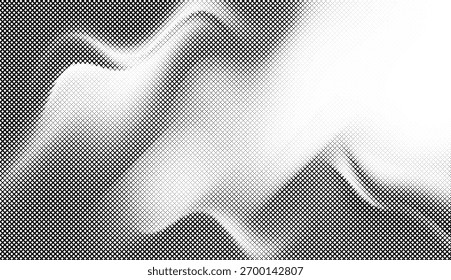 Halftone waveform curve, abstract black and white vector flow.