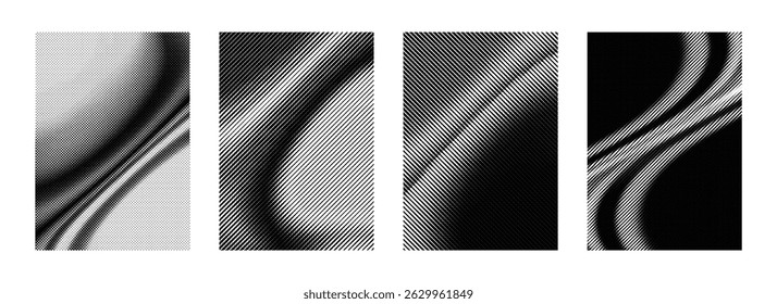Halftone waveforms – abstract black and white dotted texture vector set, perfect for brochures, social media graphics, posters, flyers, and banners.