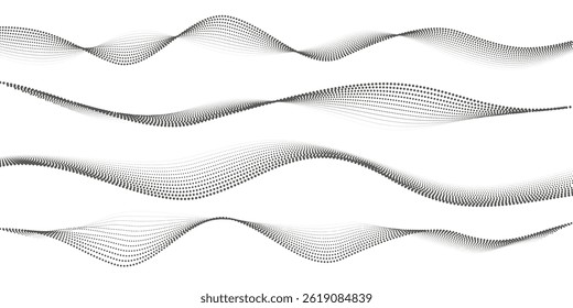 Halftone waves. Abstract flow wave pattern with dotted halftone texture, wavy swirl line and gradient waves motion design. Vector set.
