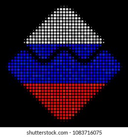 Halftone Waves Currency icon colored in Russian state flag colors on a dark background. Vector mosaic of waves currency icon constructed of round pixels.