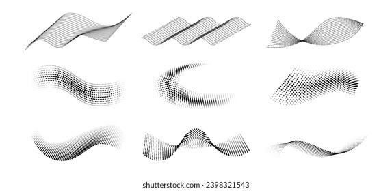 Olas de semitono. Formas líquidas abstractas curvadas, ondas con partículas, círculos de media tonalidad textura elementos vectoriales aislados. Decoración de puntos de flujo ondulado. Movimiento o movimiento de ajuste de superficie