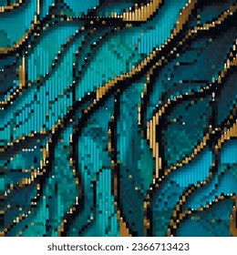 Halftone waves muir mural droplets coastlines stripes textured mosaic pattern. Beautiful ornamental wavy lines vector background. Modern half tone luxury ornaments in blue turquoise gold black colors.