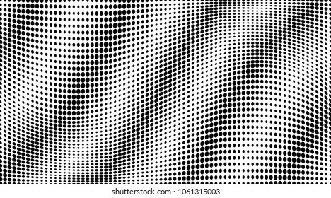 Halftone waves pattern. Gradient dots background. Modern vector illustration. Abstract wavy curves. Points backdrop. Dotted spotted pattern. Monochrome wide grunge template