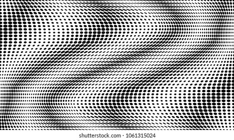 Halftone waves pattern. Gradient dots background. Modern vector illustration. Abstract wavy curves. Points backdrop. Dotted spotted pattern. Monochrome wide grunge template