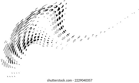 Halftone waves from polka dots, strokes, dots, holes and balls with different types of outline. Vector.