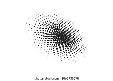 Halftone waves, round. Monochrome dots. Vector decorative illustration, template.